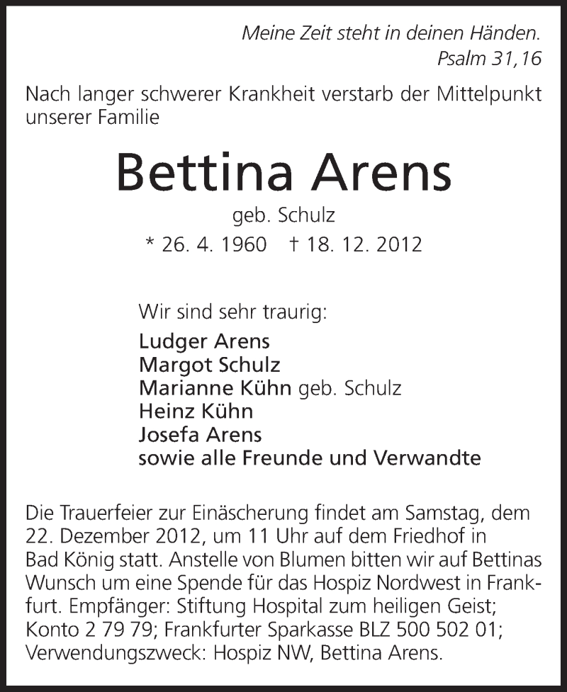  Traueranzeige für Bettina Arens vom 20.12.2012 aus Odenwälder Echo