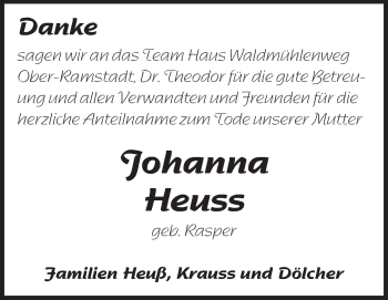 Traueranzeige von Johanna Heuss von Echo-Zeitungen (Gesamtausgabe)