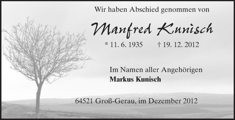  Traueranzeige für Manfred Kunisch vom 29.12.2012 aus Rüsselsheimer Echo, Groß-Gerauer-Echo, Ried Echo