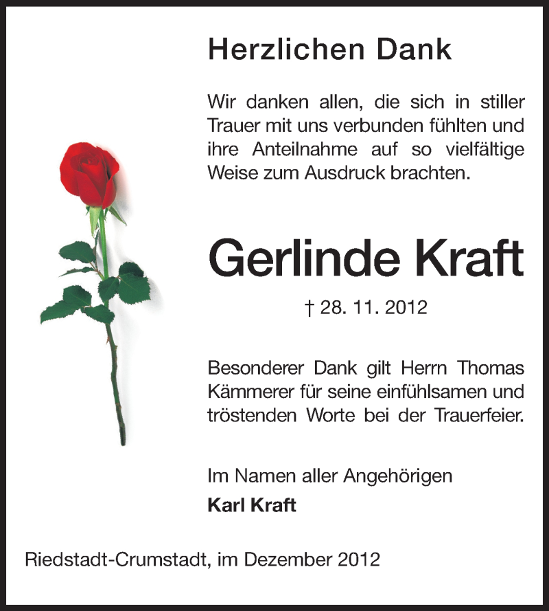  Traueranzeige für Gerlinde Kraft vom 22.12.2012 aus Echo-Zeitungen (Gesamtausgabe)
