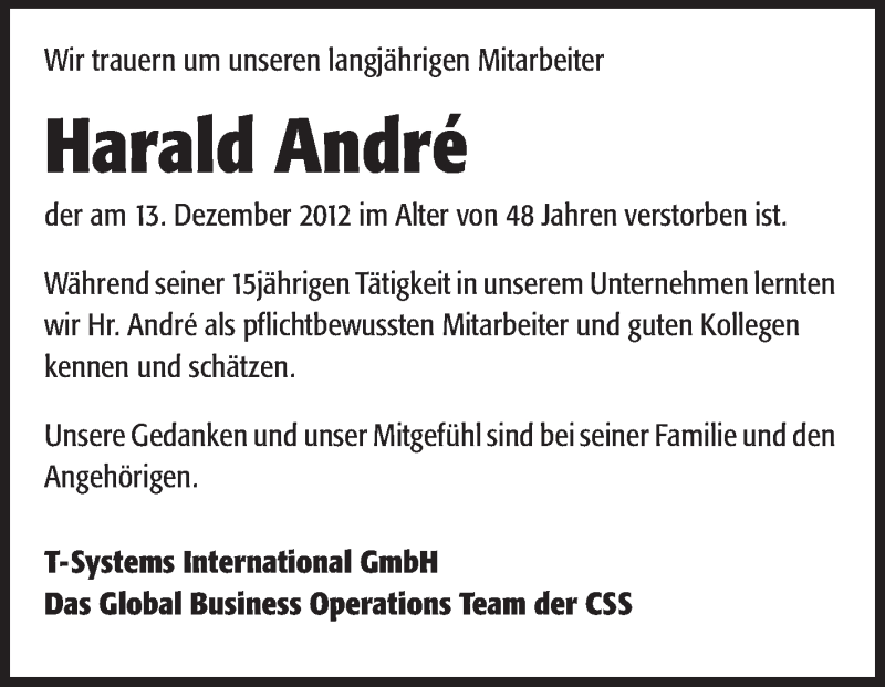  Traueranzeige für Harald Andre vom 22.12.2012 aus Echo-Zeitungen (Gesamtausgabe)