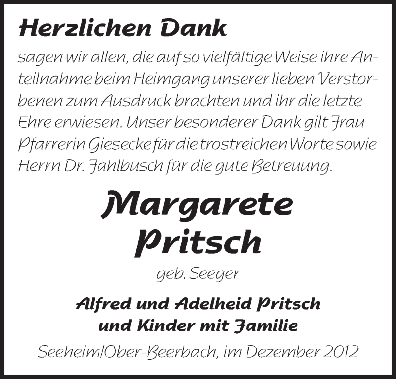  Traueranzeige für Margarete Pritsch vom 22.12.2012 aus Echo-Zeitungen (Gesamtausgabe)