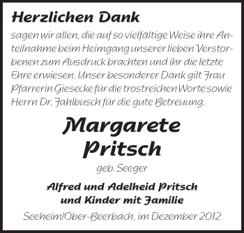 Traueranzeige von Margarete Pritsch von Echo-Zeitungen (Gesamtausgabe)