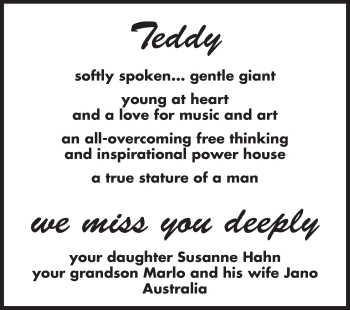 Traueranzeige von Teddy Hahn von Echo-Zeitungen (Gesamtausgabe)