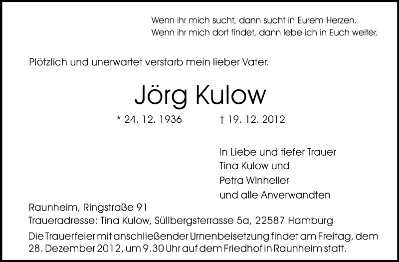  Traueranzeige für Jörg Kulow vom 22.12.2012 aus Rüsselsheimer Echo, Groß-Gerauer-Echo, Ried Echo