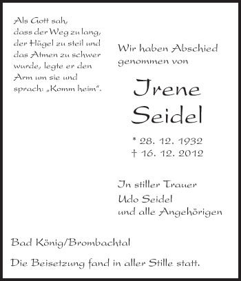 Traueranzeige von Irene Seidel von Odenwälder Echo