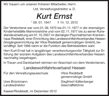 Traueranzeige von Kurt Ernst von Echo-Zeitungen (Gesamtausgabe)