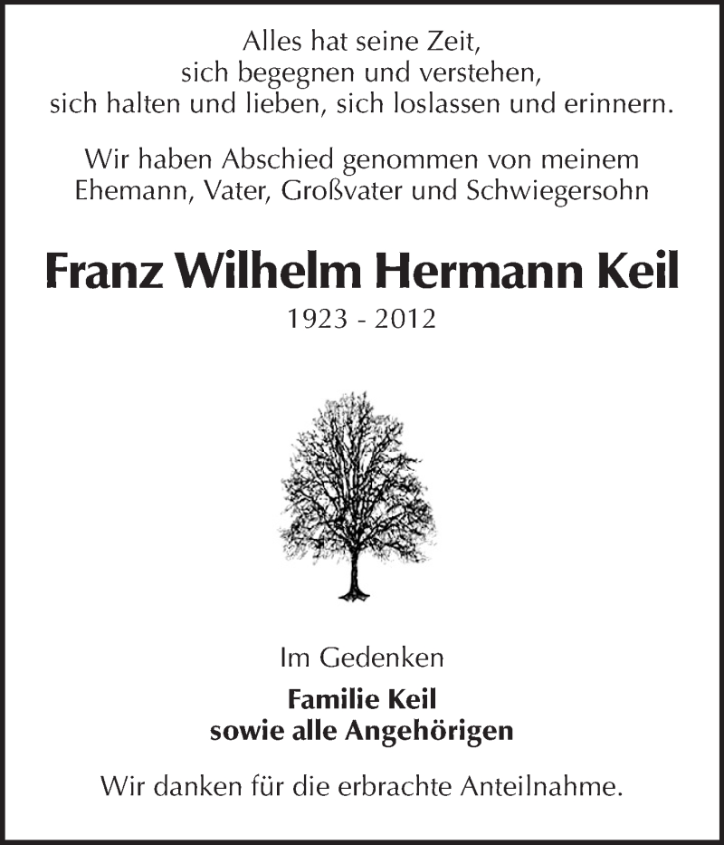  Traueranzeige für Franz Wilhelm Hermann Keil vom 22.12.2012 aus Rüsselsheimer Echo, Groß-Gerauer-Echo, Ried Echo