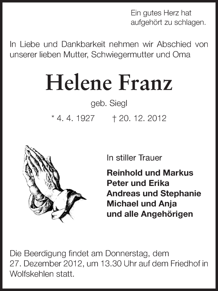  Traueranzeige für Helene Franz vom 22.12.2012 aus Rüsselsheimer Echo, Groß-Gerauer-Echo, Ried Echo
