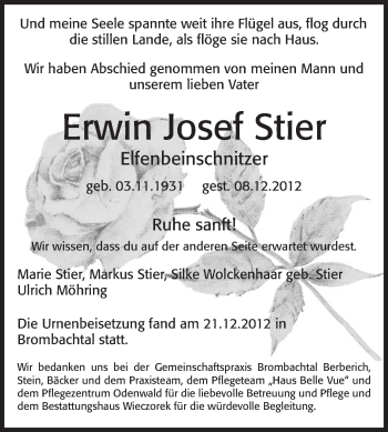 Traueranzeige von Erwin Josef Stier von Odenwälder Echo