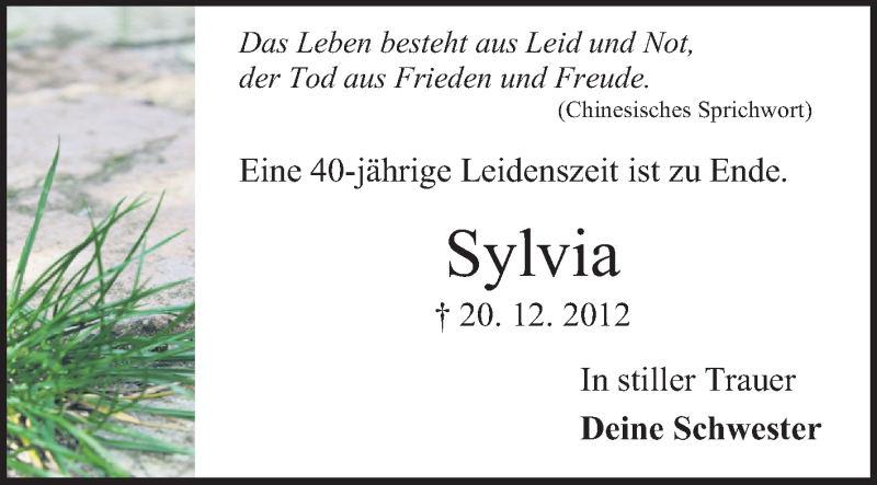  Traueranzeige für Sylvia Döge vom 24.12.2012 aus Odenwälder Echo