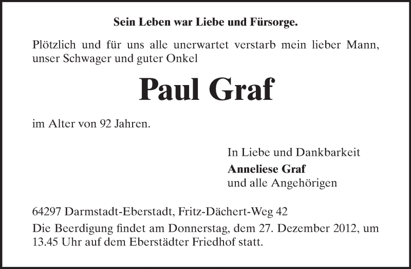  Traueranzeige für Paul Graf vom 24.12.2012 aus Echo-Zeitungen (Gesamtausgabe)