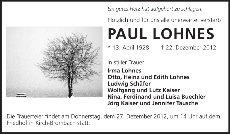  Traueranzeige für Paul Lohnes vom 24.12.2012 aus Odenwälder Echo