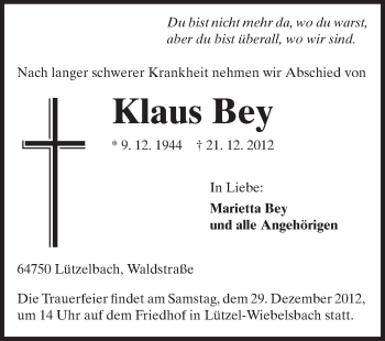 Traueranzeige von Klaus Bey von Odenwälder Echo