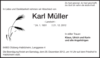 Traueranzeige von Karl Müller von Darmstädter Echo, Odenwälder Echo, Rüsselsheimer Echo, Groß-Gerauer-Echo, Ried Echo