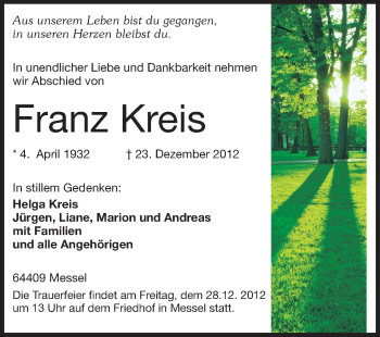 Traueranzeige von Franz Kreis von Darmstädter Echo, Odenwälder Echo, Rüsselsheimer Echo, Groß-Gerauer-Echo, Ried Echo