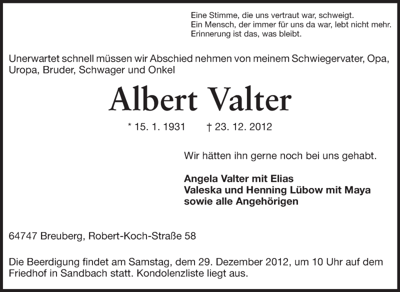  Traueranzeige für Albert Valter vom 27.12.2012 aus Echo-Zeitungen (Gesamtausgabe)