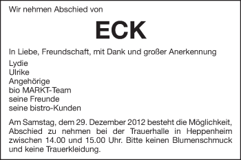 Traueranzeige von Eck  von Starkenburger Echo, Bergsträßer Anzeiger