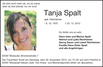 Traueranzeige von Tanja Spalt von Echo-Zeitungen (Gesamtausgabe)
