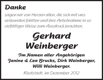 Traueranzeige von Gerhard Weinberger von Rüsselsheimer Echo, Groß-Gerauer-Echo, Ried Echo