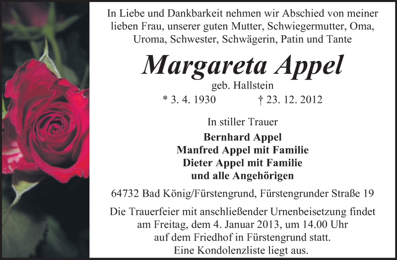  Traueranzeige für Margareta Appel vom 28.12.2012 aus Odenwälder Echo