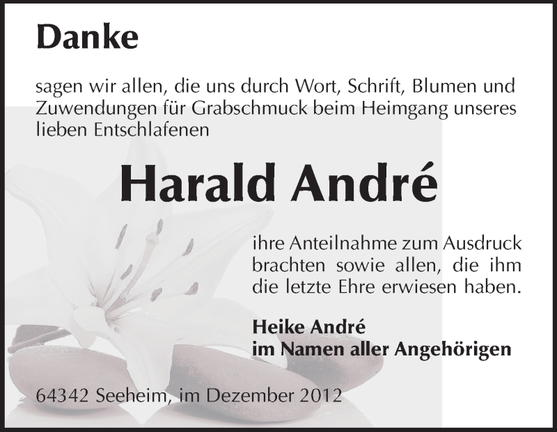  Traueranzeige für Harald Andre vom 29.12.2012 aus Echo-Zeitungen (Gesamtausgabe)