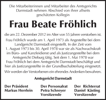 Traueranzeige von Beate Fröhlich von Echo-Zeitungen (Gesamtausgabe)