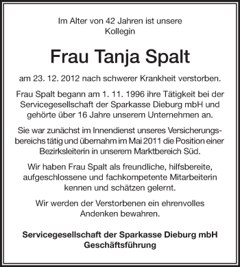 Traueranzeige von Tanja Spalt von Echo-Zeitungen (Gesamtausgabe)