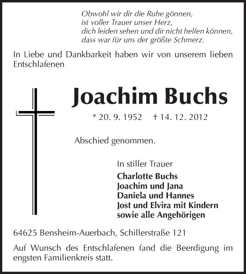  Traueranzeige für Joachim Buchs vom 29.12.2012 aus Echo-Zeitungen (Gesamtausgabe)