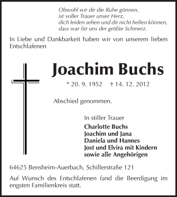 Traueranzeige von Joachim Buchs von Echo-Zeitungen (Gesamtausgabe)