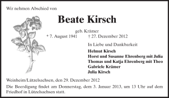 Traueranzeige von Beate Kirsch von Rüsselsheimer Echo, Groß-Gerauer-Echo, Ried Echo