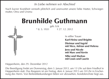 Traueranzeige von Brunhilde Guthmann von Starkenburger Echo