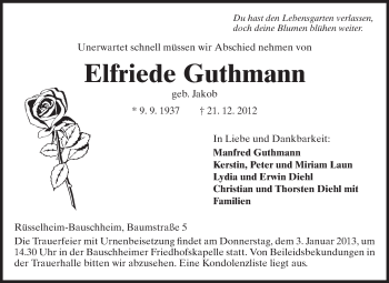 Traueranzeige von Elfriede Guthmann von Rüsselsheimer Echo, Groß-Gerauer-Echo, Ried Echo