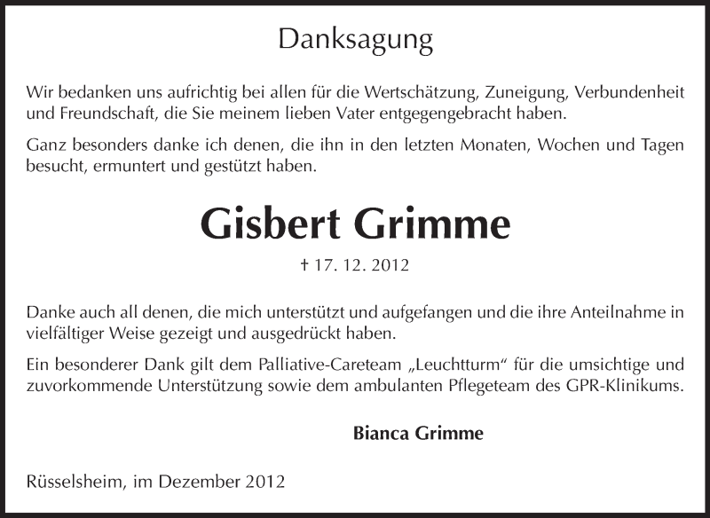  Traueranzeige für Gisbert Grimme vom 31.12.2012 aus Rüsselsheimer Echo, Groß-Gerauer-Echo, Ried Echo