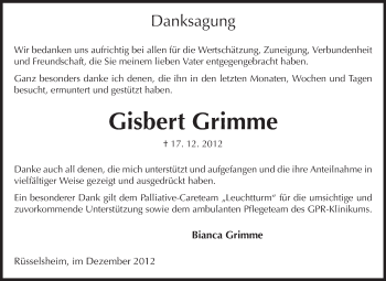 Traueranzeige von Gisbert Grimme von Rüsselsheimer Echo, Groß-Gerauer-Echo, Ried Echo