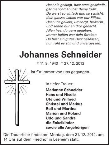 Traueranzeige von Johannes Schneider von Rüsselsheimer Echo, Groß-Gerauer-Echo, Ried Echo
