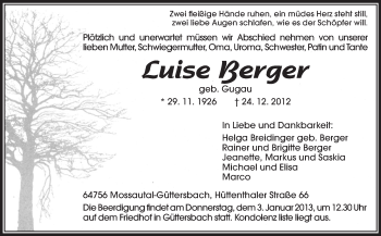 Traueranzeige von Luise Berger von Odenwälder Echo