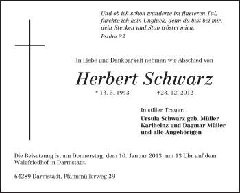 Traueranzeige von Herbert Schwarz von Echo-Zeitungen (Gesamtausgabe)