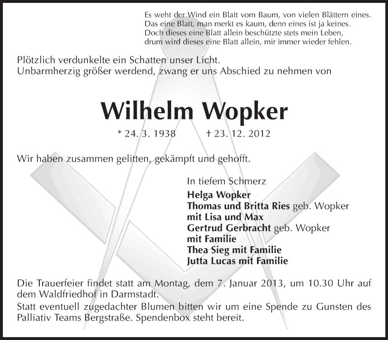  Traueranzeige für Wilhelm Wopker vom 31.12.2012 aus Echo-Zeitungen (Gesamtausgabe)