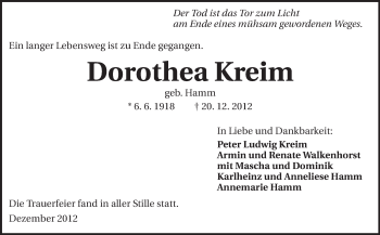 Traueranzeige von Dorothea Kreim von Rüsselsheimer Echo, Groß-Gerauer-Echo, Ried Echo