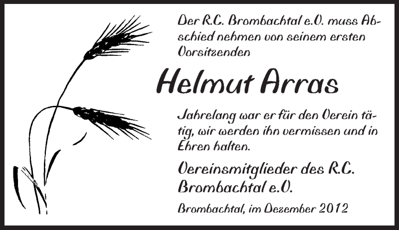  Traueranzeige für Helmut Arras vom 31.12.2012 aus Odenwälder Echo
