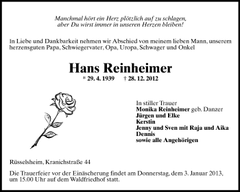 Traueranzeige von Hans Reinheimer von Rüsselsheimer Echo, Groß-Gerauer-Echo, Ried Echo