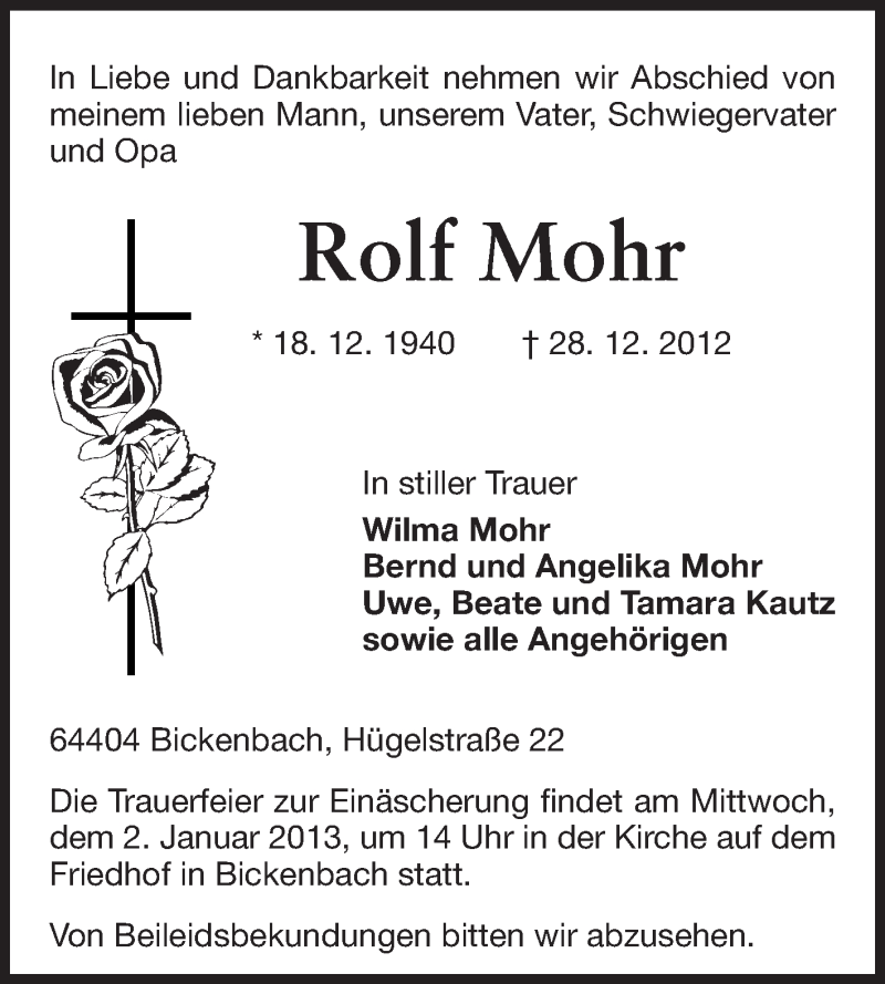  Traueranzeige für Rolf Mohr vom 31.12.2012 aus Echo-Zeitungen (Gesamtausgabe)