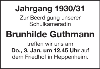 Traueranzeige von Brunhilde Guthmann von Starkenburger Echo