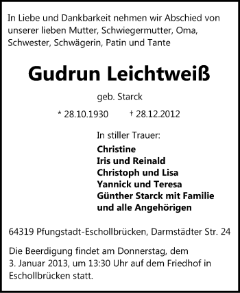 Traueranzeige von Gudrun Leichtweiß von Echo-Zeitungen (Gesamtausgabe)