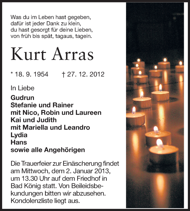  Traueranzeige für Kurt Arras vom 31.12.2012 aus Odenwälder Echo
