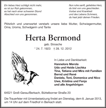Traueranzeige von Herta Bermond von Rüsselsheimer Echo, Groß-Gerauer-Echo, Ried Echo