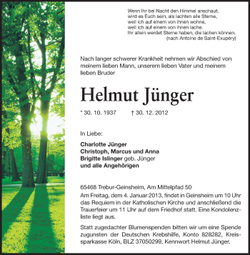 Traueranzeige von Helmut Jünger von Rüsselsheimer Echo, Groß-Gerauer-Echo, Ried Echo