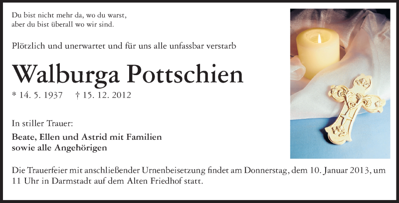  Traueranzeige für Walburga Pottschien vom 05.01.2013 aus Echo-Zeitungen (Gesamtausgabe)