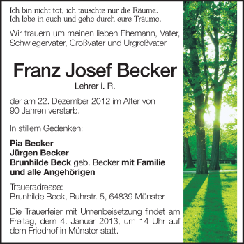 Traueranzeige von Franz Josef Becker von Echo-Zeitungen (Gesamtausgabe)